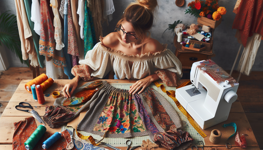 Envision DIY fashion projects illustrating Boho Chic style. These DIY projects are easily accomplished by crafters. The scene contains a wooden table decorated with crafting materials like fabric swat