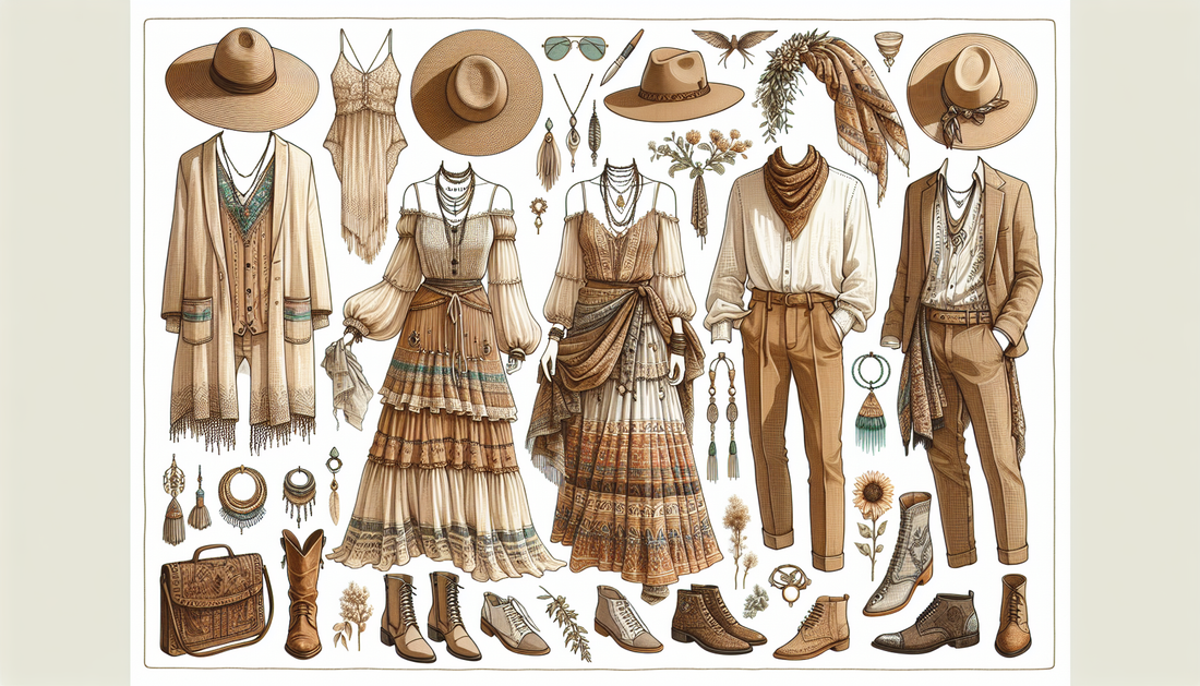 An intuitive, well-structured guide on how to dress as a wedding guest in a budget-friendly Boho Chic style, relevant for the year 2024. This guide should include visuals of suggested male and female