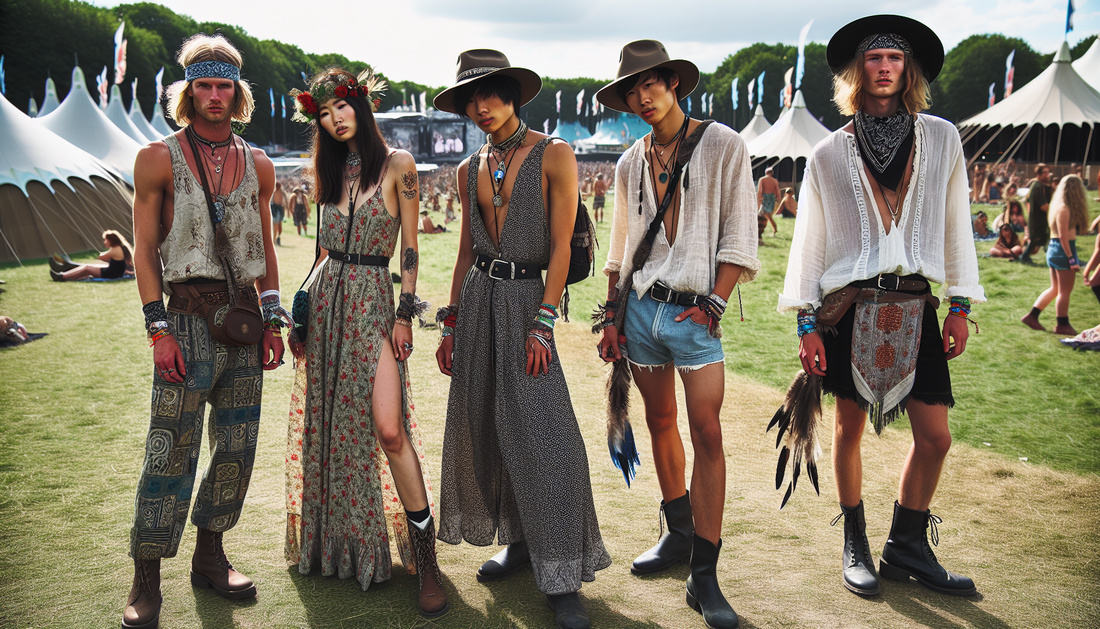 A festival fashion scene showcasing Bohemian-style (Boho) attire, typically seen in music festivals around the world. Picture a grassy outdoor setting with several individuals showcasing their unique