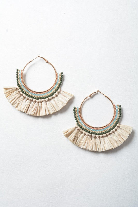 Bead and Raffia Fan Hoop Earrings
