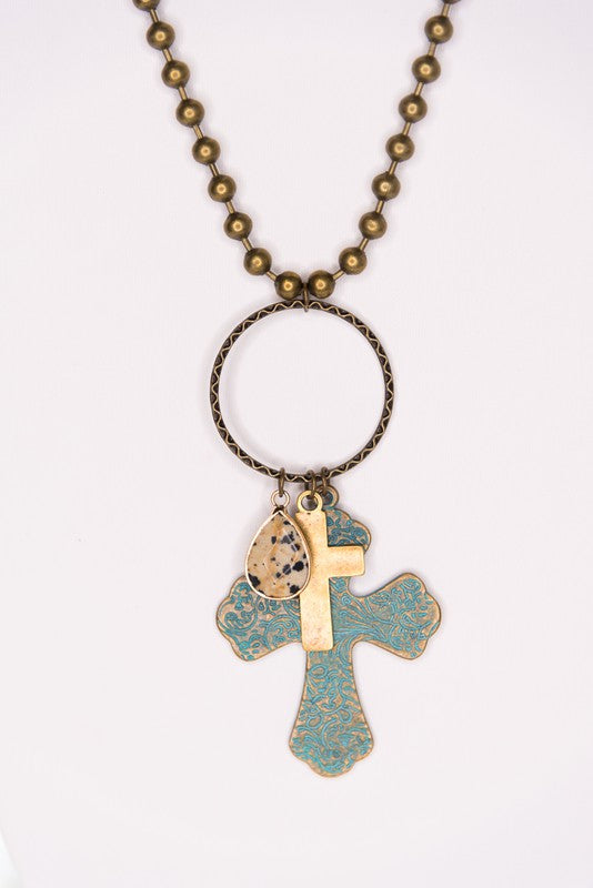 Patina Cross Ball Chain Necklace