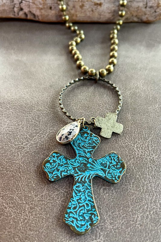 Patina Cross Ball Chain Necklace