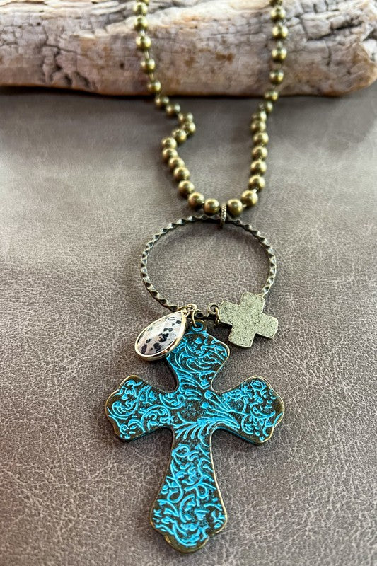 Patina Cross Ball Chain Necklace