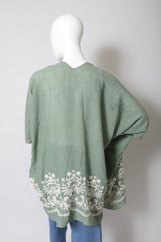 Floral Embroidered Trim Kimono