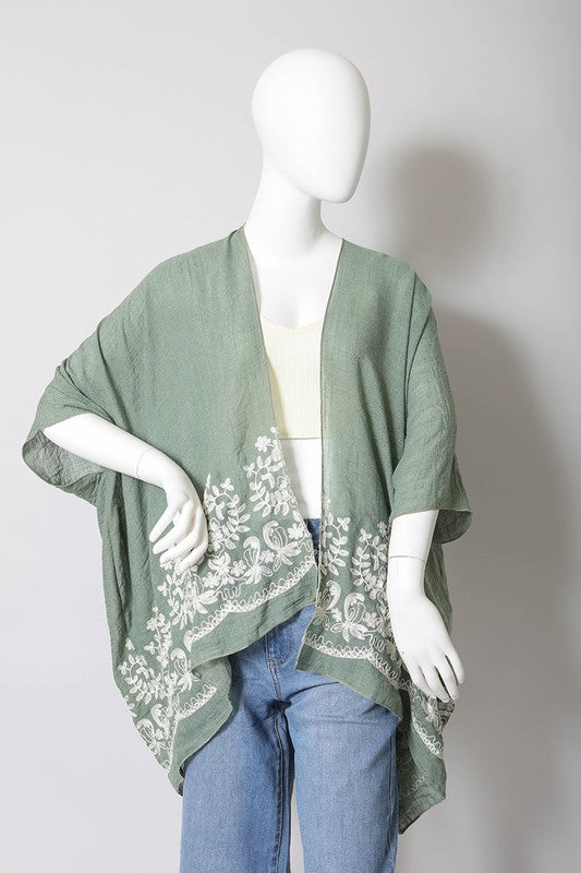 Floral Embroidered Trim Kimono