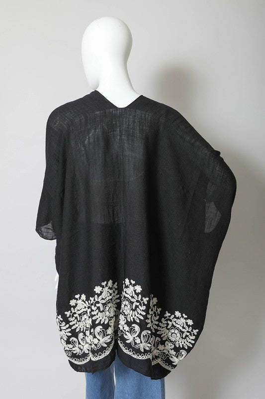 Floral Embroidered Trim Kimono