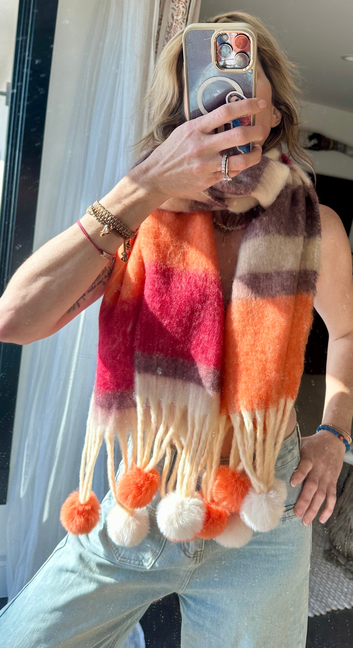 Chunky Pom Pom Striped Blanket Cozy Scarf