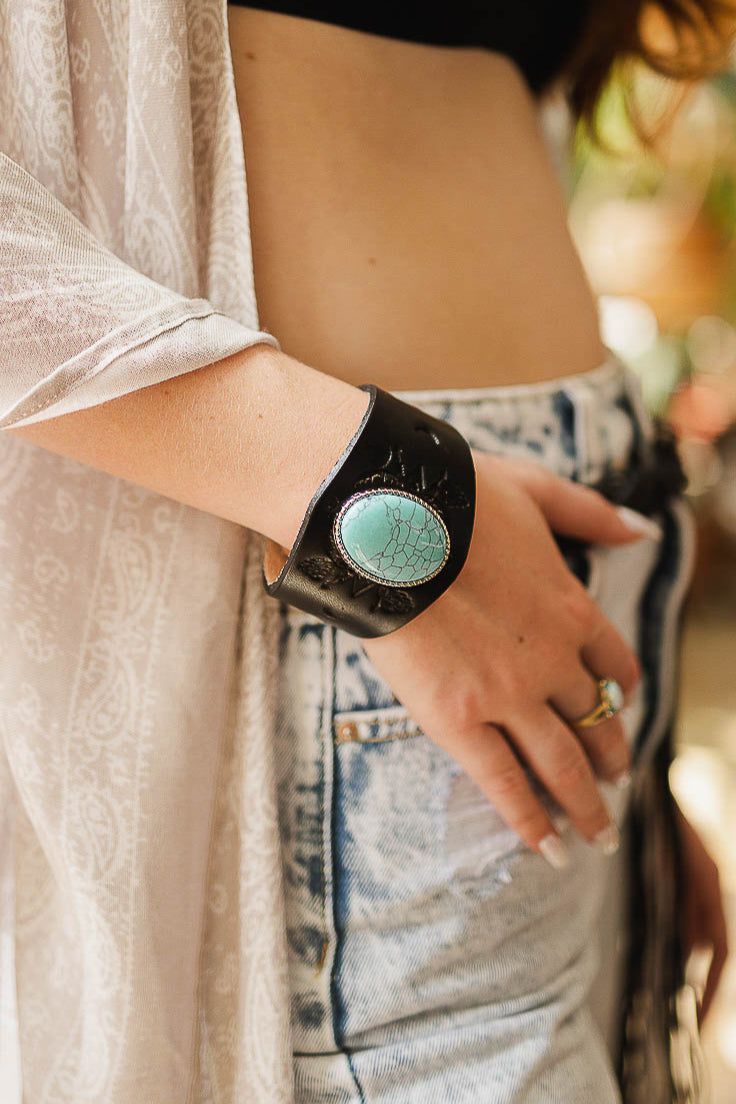Boho Turquoise Stone Leather Cuff Jewelry Black