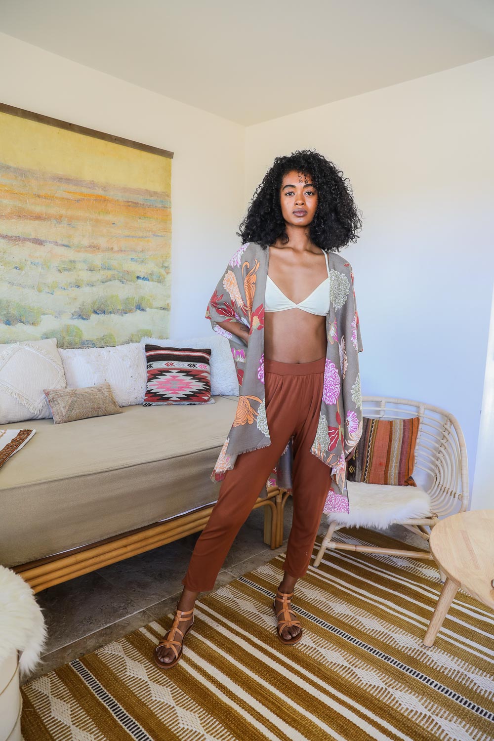 floral motif combo kimono taupe