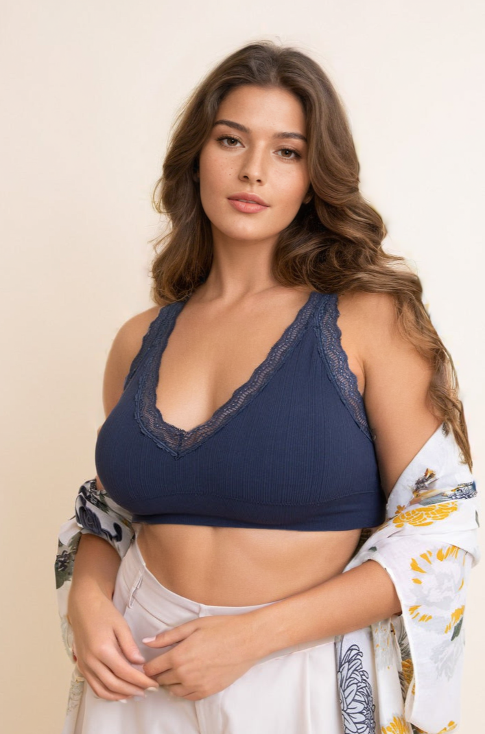 Lace Trim Padded Bralette Plus Blue