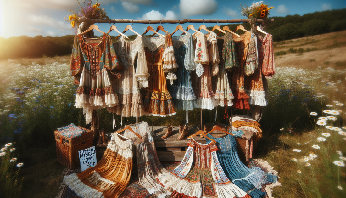 A sun-soaked summer scene showcasing a display of budget-friendly boho chic dresses. Each dress boasts its own unique design that represents the bohemian style with its carefree and adventurous spirit