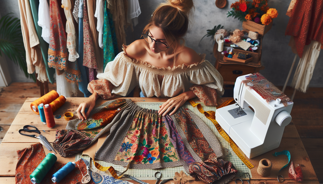 Envision DIY fashion projects illustrating Boho Chic style. These DIY projects are easily accomplished by crafters. The scene contains a wooden table decorated with crafting materials like fabric swat