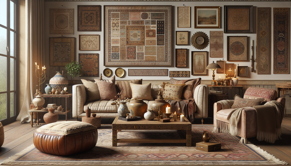 Visualize a warm and inviting living room displaying distinctive features of vintage boho home decor. Imagine faded patterned rugs, rich ornate fabrics draped over furniture, distressed wood tables ad