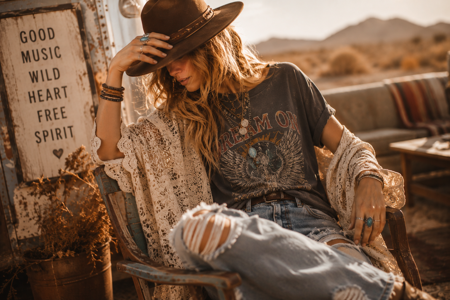 Boho velvet printed kimono on model with Hat