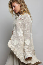 Floral Heart + Star Appliqué Lace Trim Cardigan