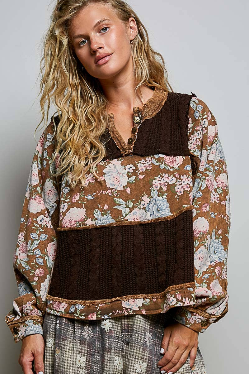 POL French Terry Raw-Edge Trim Patchwork Textured Knit Top