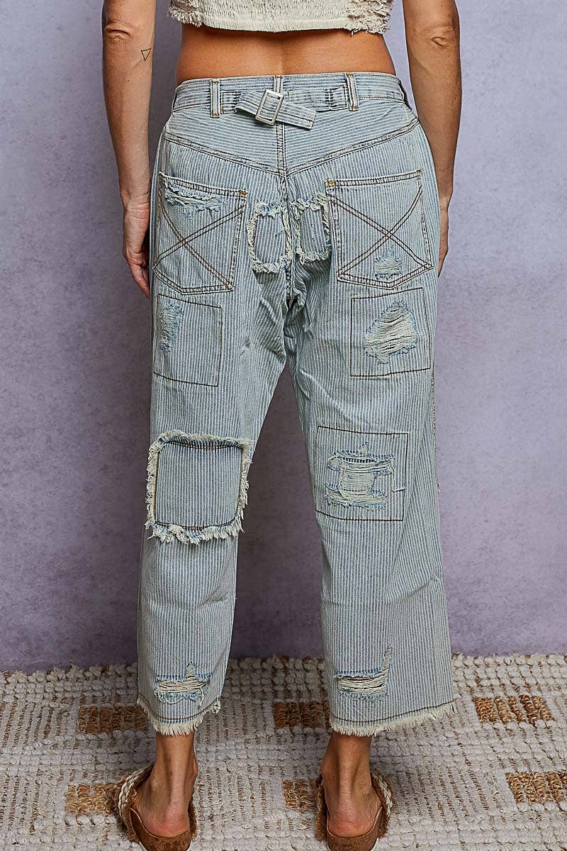 High Rise Ankle Length Distressed Pinstripe Jeans