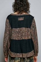 POL French Terry Raw-Edge Trim Patchwork Textured Knit Top