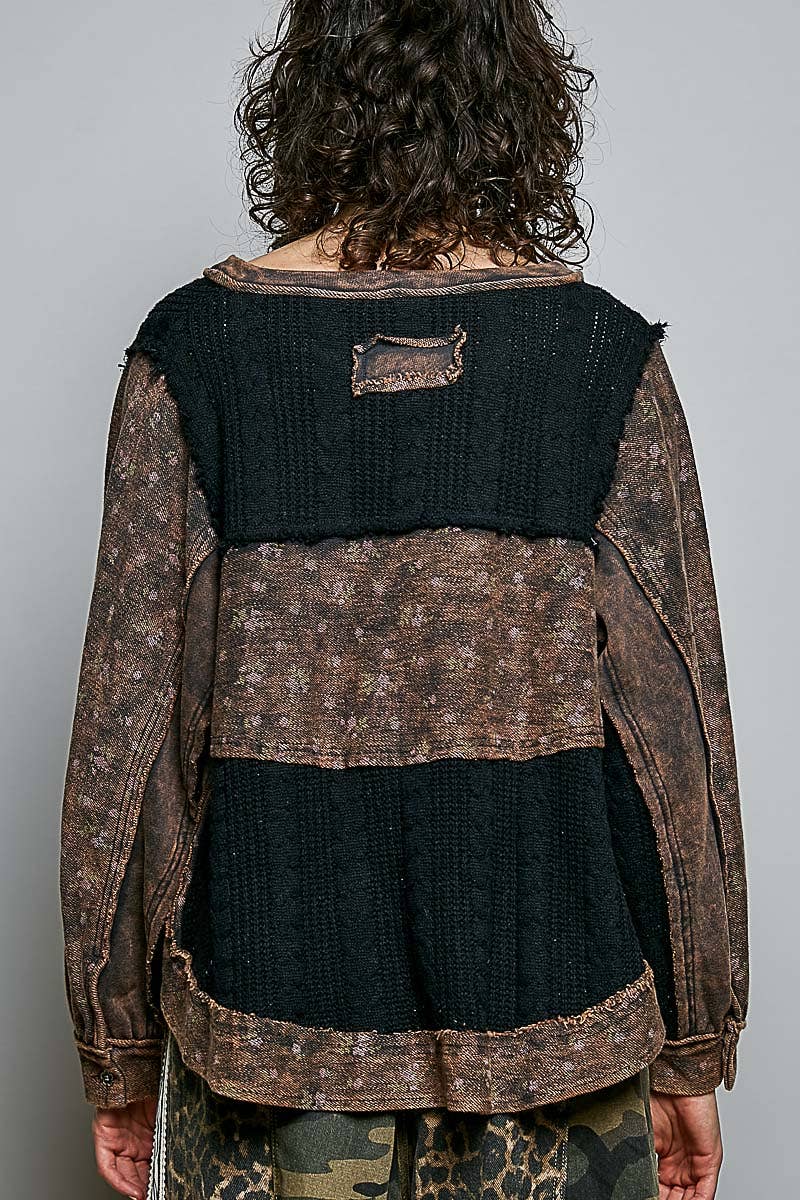 POL French Terry Raw-Edge Trim Patchwork Textured Knit Top
