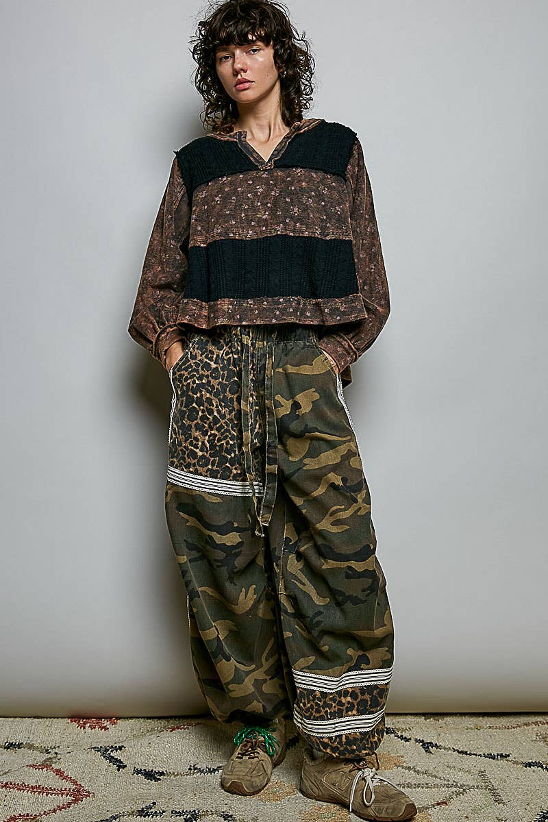 POL French Terry Raw-Edge Trim Patchwork Textured Knit Top