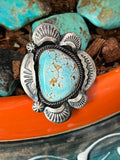 Handcrafted Sterling Silver and Number 8 Turquoise Ring by Artist, Gilbert Tom, Size 10.5