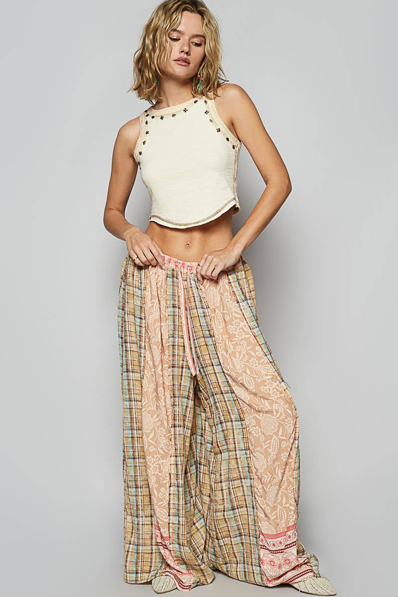 Woven Floral Patchwork Wide Leg Pants