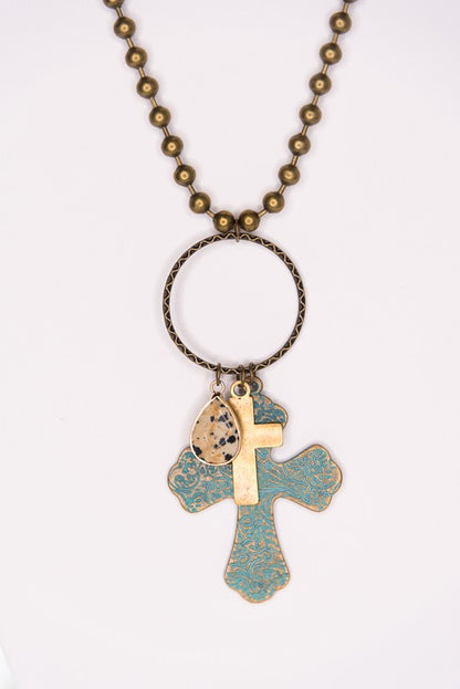 Patina Cross Ball Chain Necklace