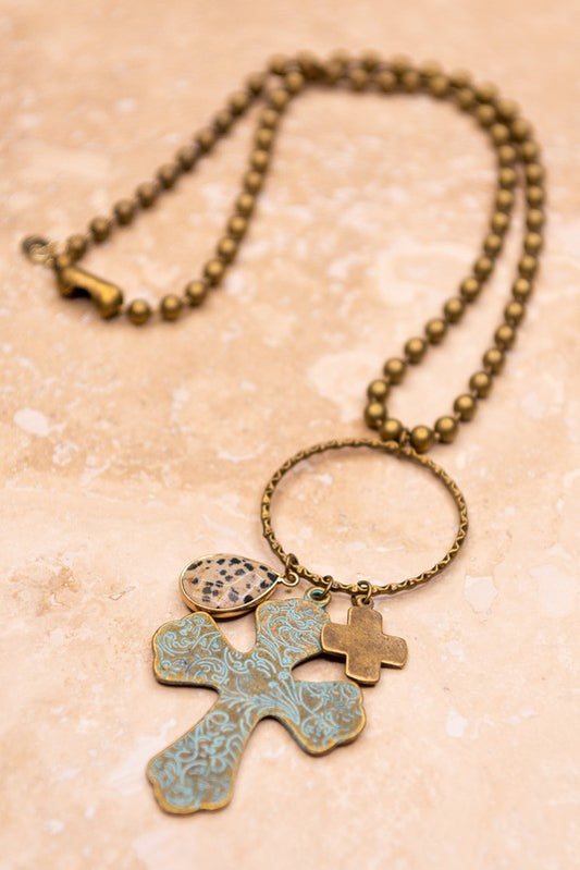 Patina Cross Ball Chain Necklace