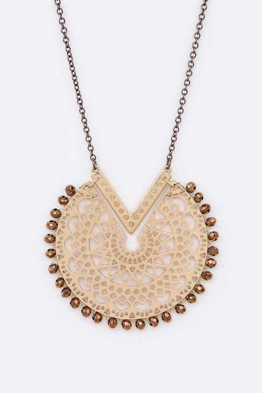 Crystal Beaded Cutout Pendant Long Necklace