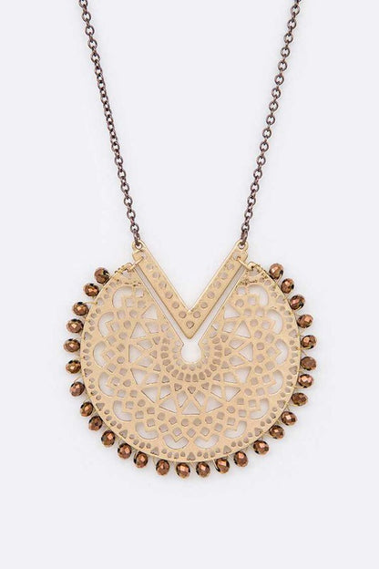 Crystal Beaded Cutout Pendant Long Necklace