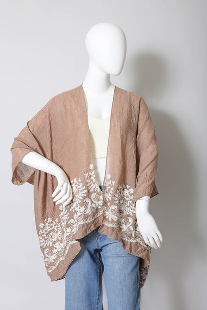 Floral Embroidered Trim Kimono