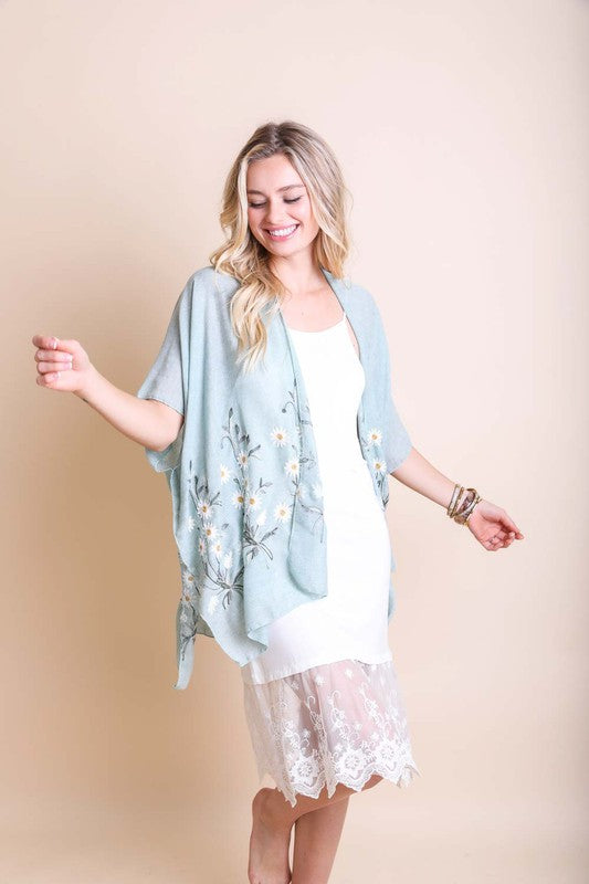 Spring Daisy Embroidered Boho Kimono