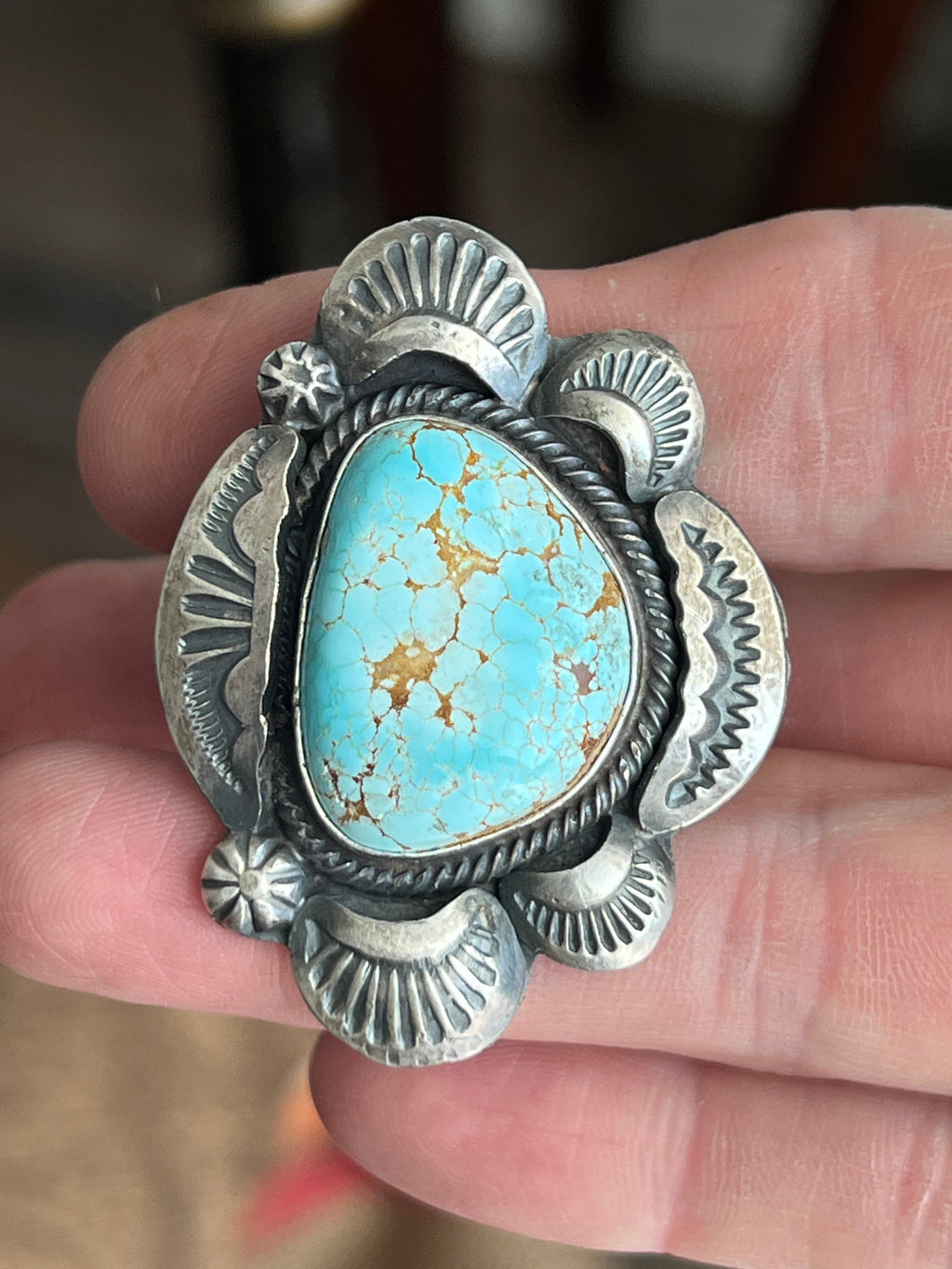Handcrafted Sterling Silver and Number 8 Turquoise Ring by Artist, Gilbert Tom, Size 10.5