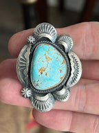 Handcrafted Sterling Silver and Number 8 Turquoise Ring by Artist, Gilbert Tom, Size 10.5