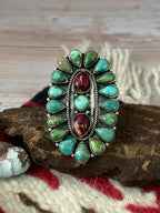 Handmade Sterling Silver Dahlia Rose With Emerald Valley Turquoise Ring "Signed Nizhoni"