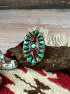 Handmade Sterling Silver Dahlia Rose With Emerald Valley Turquoise Ring "Signed Nizhoni"