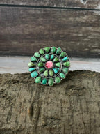 Handmade Sterling Silver Dahlia Rose With Emerald Valley Turquoise Ring "Signed Nizhoni"