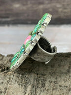 Handmade Sterling Silver Dahlia Rose With Emerald Valley Turquoise Ring "Signed Nizhoni"