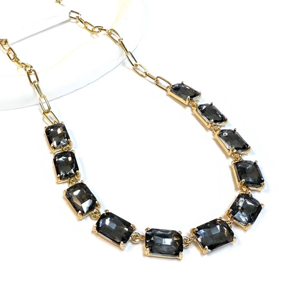 Rectangle Crystal Glass Linked Statement Chain Necklace