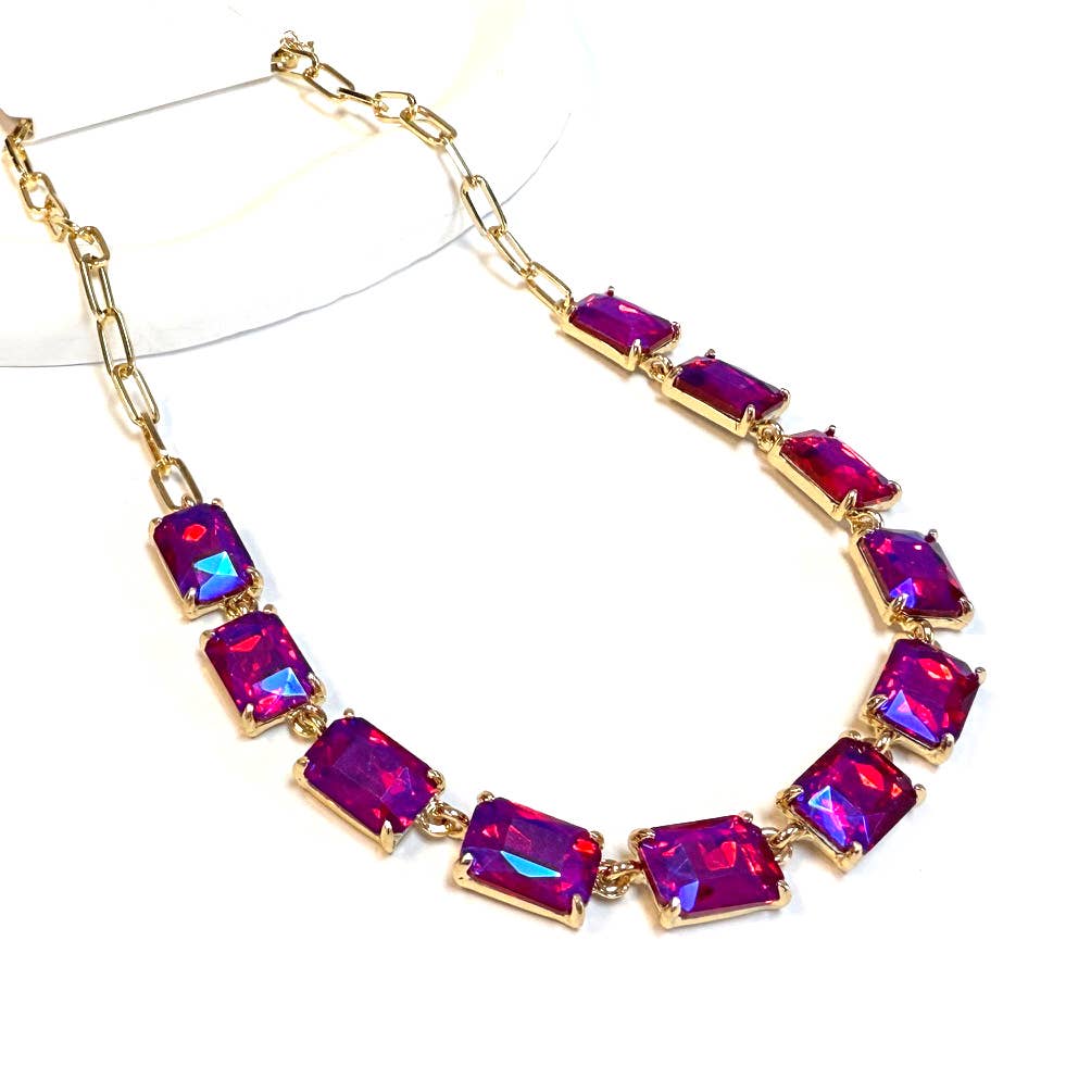 Rectangle Crystal Glass Linked Statement Chain Necklace