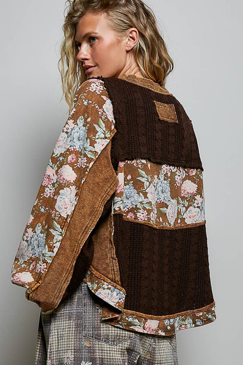 POL French Terry Raw-Edge Trim Patchwork Textured Knit Top