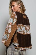 POL French Terry Raw-Edge Trim Patchwork Textured Knit Top