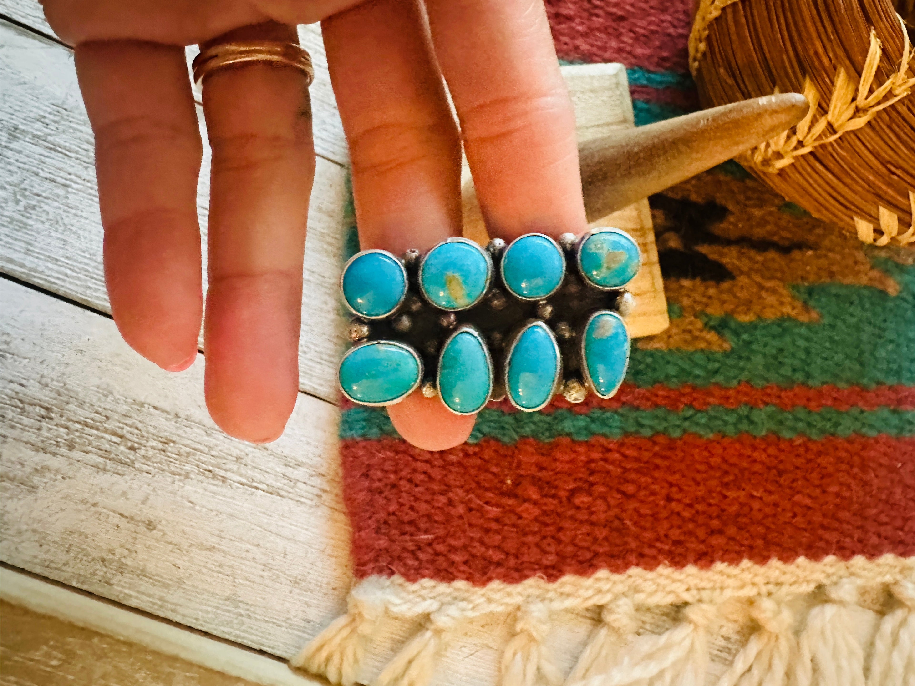 Handcrafted Sterling Silver & Kingman Turquoise Ring Size 8
