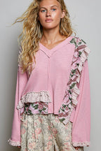 POL Floral Ruffle Trim Textured Ribbed Long Sleeve Knit Top