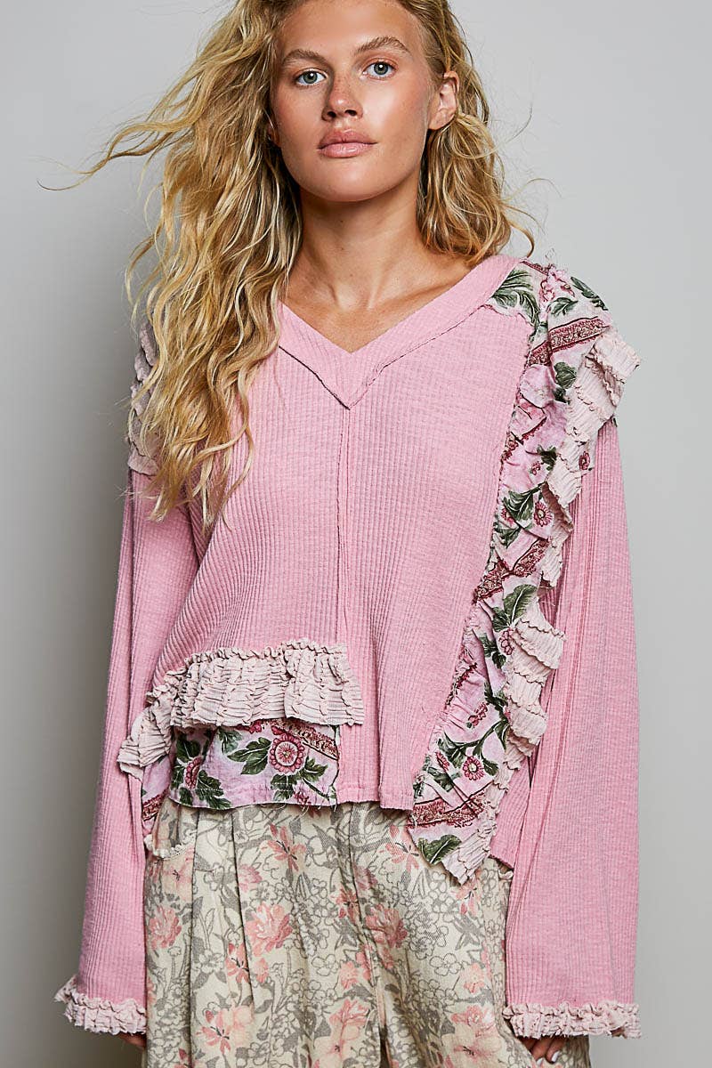 POL Floral Ruffle Trim Textured Ribbed Long Sleeve Knit Top