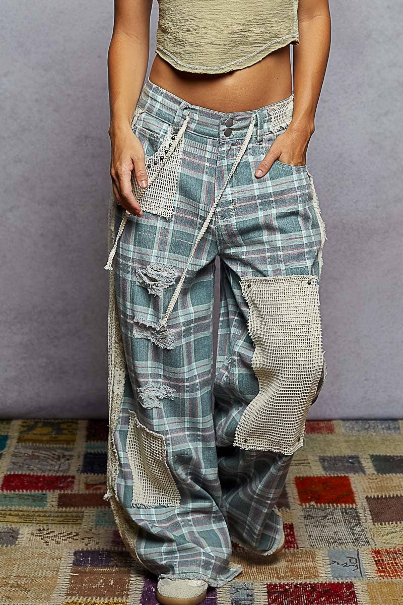POL Plaid Studed Denim Pants