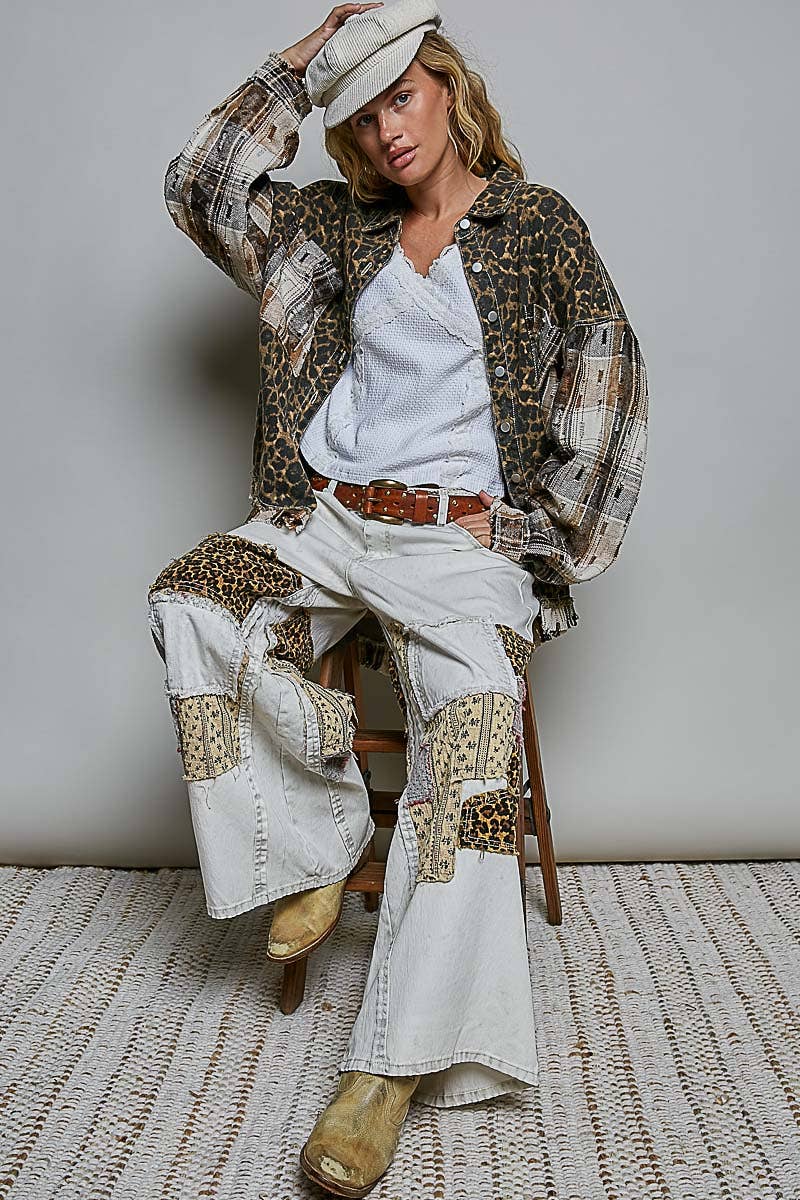 Allover Print Pattern Raw-Edge Fringe Trim Shirt Jacket