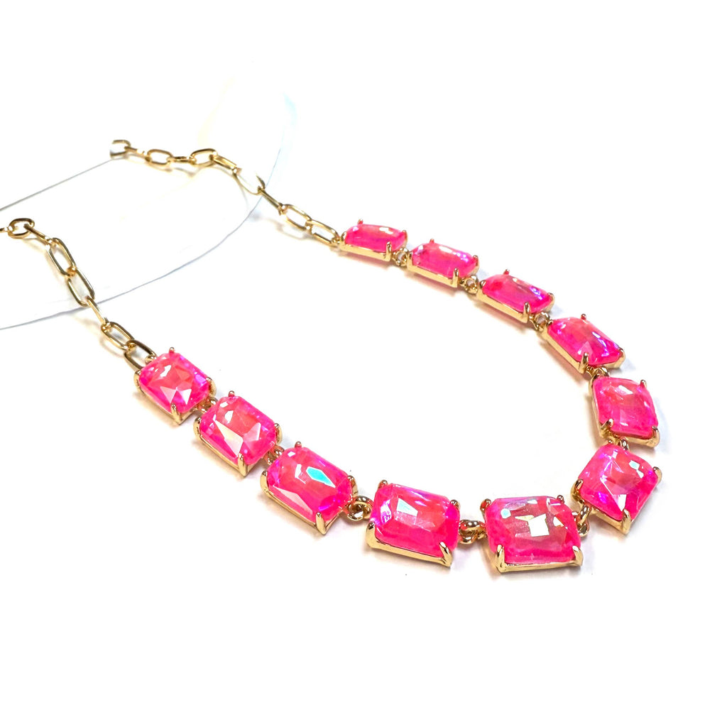 Rectangle Crystal Glass Linked Statement Chain Necklace