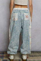 Floral Embroidery Print Patch Denim Jogger Pants