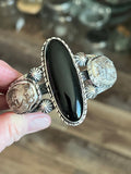 Sterling Silver Handcrafted Cuff Bracelet with Onyx, Owl and Skull Detail, Taller Stone